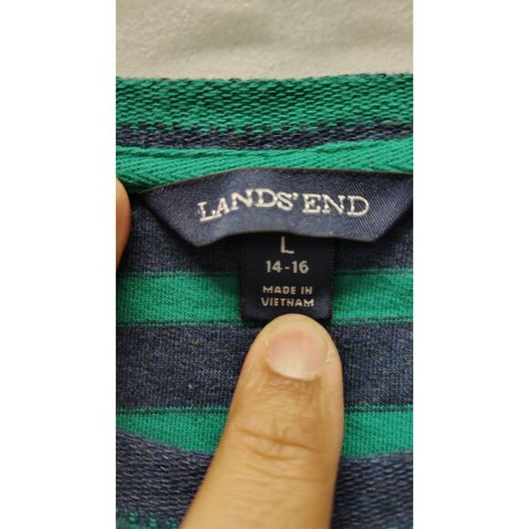Lands End Green and Navy Blue Stripe Knit Crew Neck Sweater - Picture 3 of 6